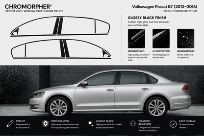 Chromorpher Precut Vinyl Window Trim Chrome Delete Kit for Volkswagen Passat B7 (2012-2016) in glossy black finish, shown with black vinyl strip graphics on a white background above a silver Volkswagen Passat sedan in a dark setting.