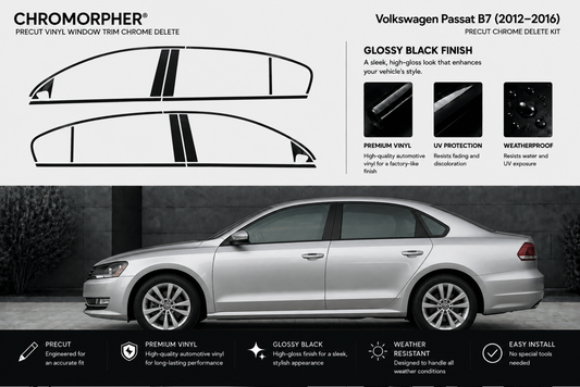 Chromorpher Precut Vinyl Window Trim Chrome Delete Kit for Volkswagen Passat B7 (2012-2016) in glossy black finish, shown with black vinyl strip graphics on a white background above a silver Volkswagen Passat sedan in a dark setting.