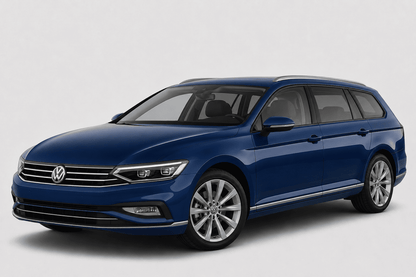A blue Volkswagen Passat station wagon shown from a three-quarter front angle on a light gray studio background.