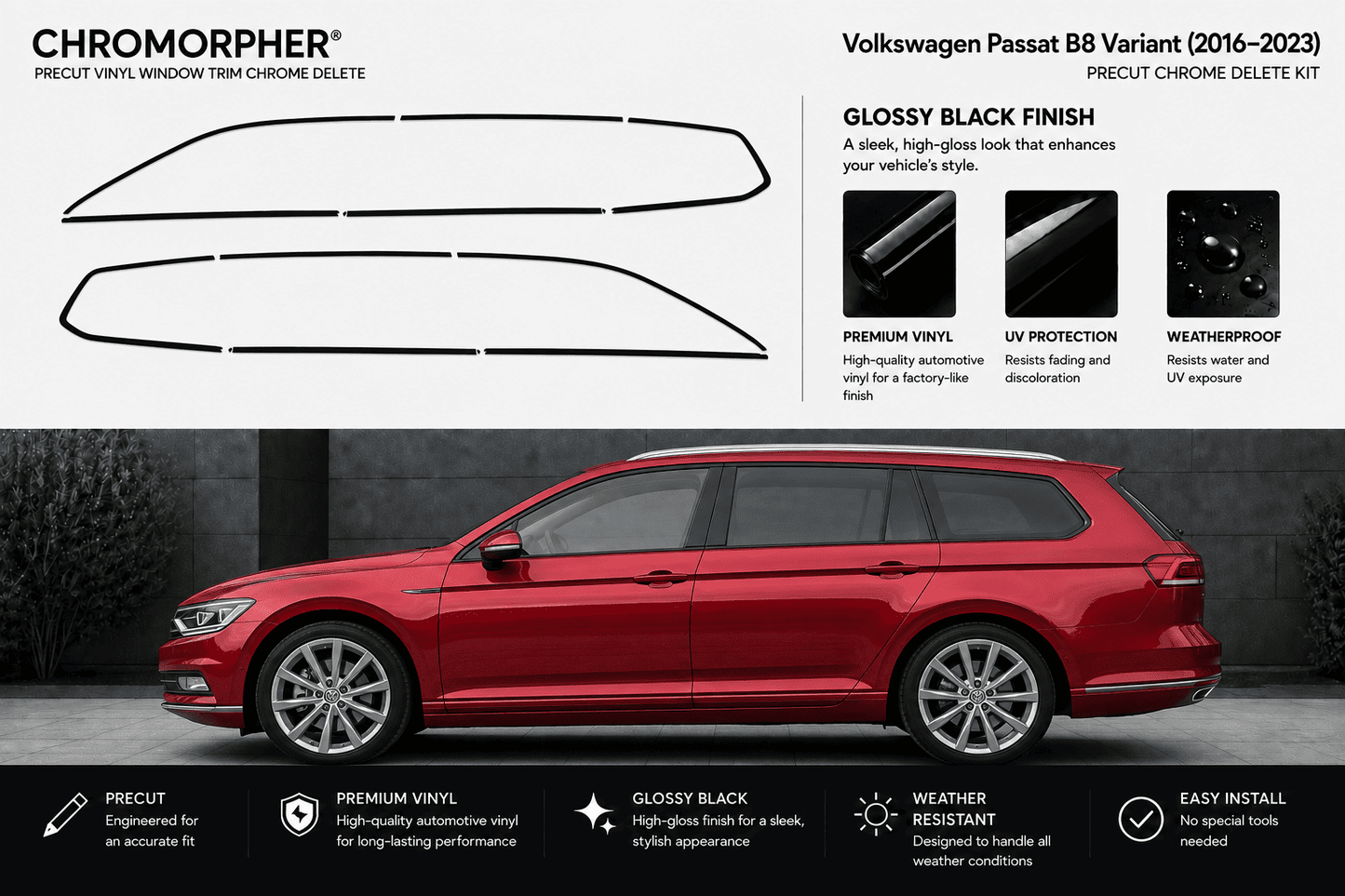 Chromorpher Precut Vinyl Window Trim Chrome Delete Kit for Volkswagen Passat B8 Variant (2016-2023). The top half is a white informational graphic showing the black outline of the chrome delete kit on the side of the car, along with gloss black finish benefits.