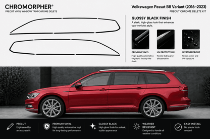 Chromorpher Precut Vinyl Window Trim Chrome Delete Kit for Volkswagen Passat B8 Variant (2016-2023). The top half is a white informational graphic showing the black outline of the chrome delete kit on the side of the car, along with gloss black finish benefits.
