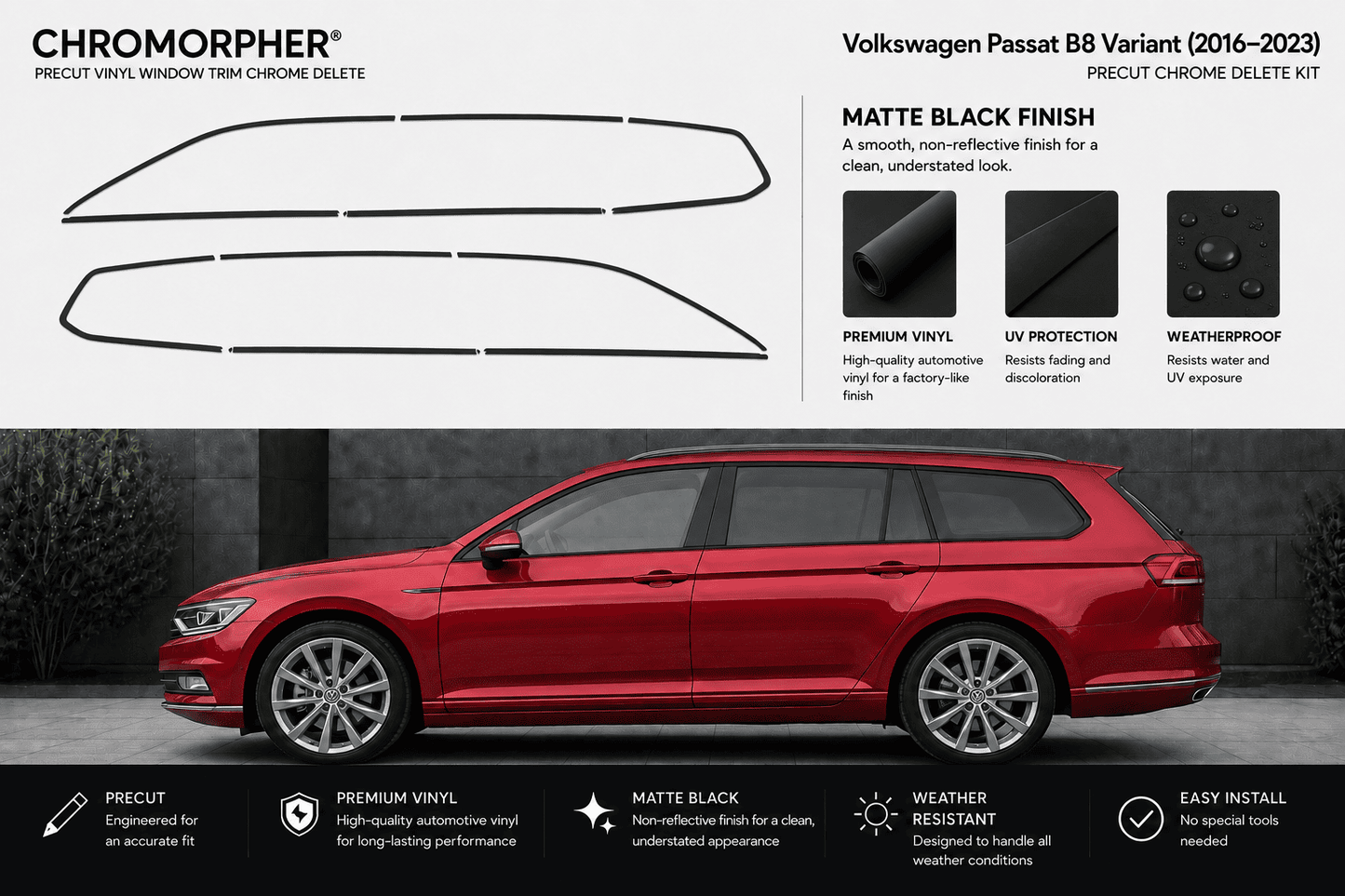Chromorphor Volkswagen Passat B8 Variant chrome delete kit shown with two black vinyl window trim outlines above a red station wagon on a dark gray background. Text highlights matte black finish, premium vinyl, UV protection, and weatherproof features.