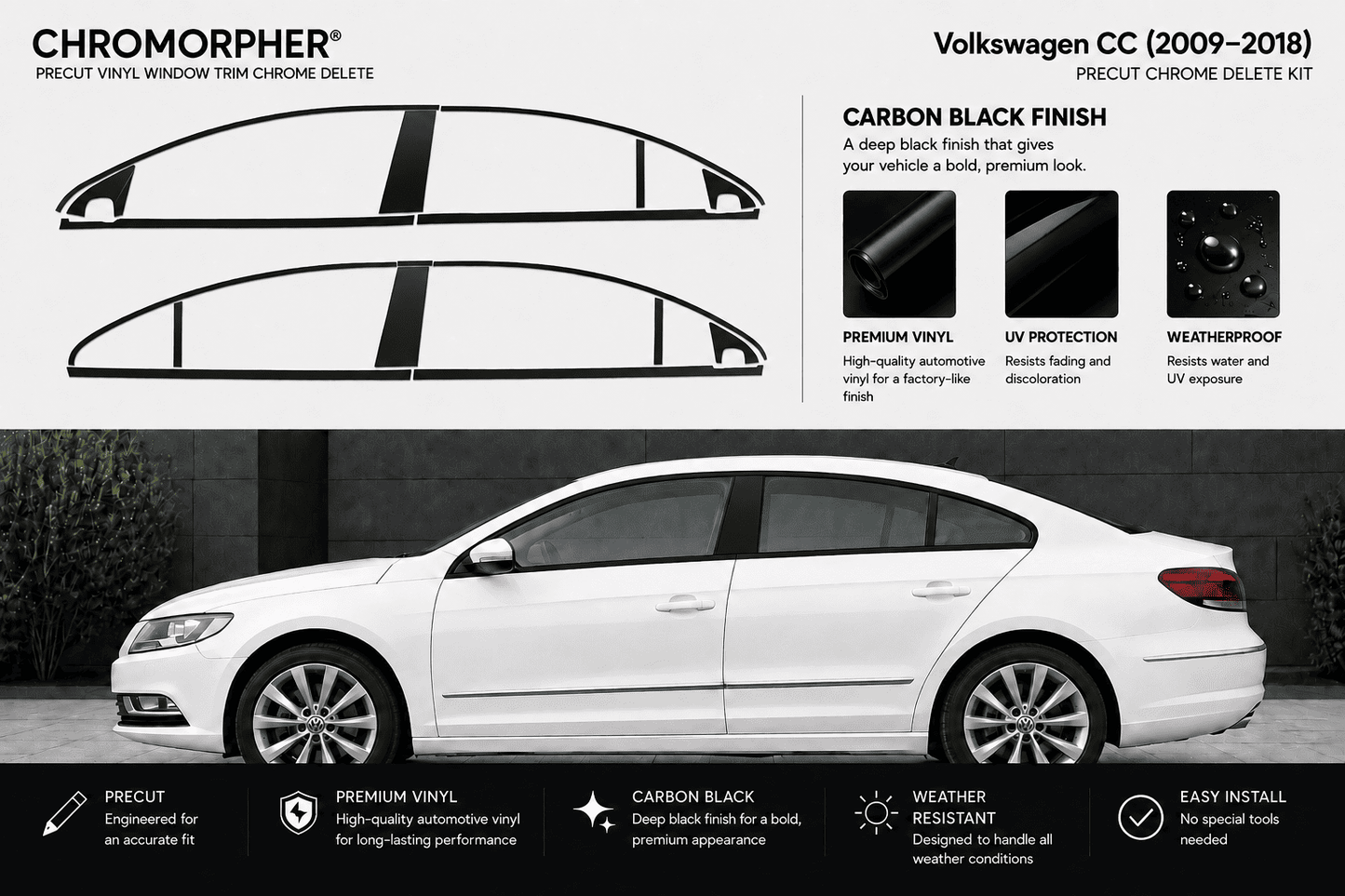 Chromorphor Volkswagen CC (2009-2018) Precut Vinyl Window Trim Chrome Delete Kit in Carbon Black Finish. The image features a white sedan with the chrome delete kit applied to its side windows, shown above a black car silhouette diagram and a white car photo.