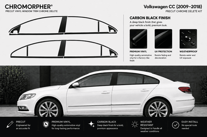 Chromorphor Volkswagen CC (2009-2018) Precut Vinyl Window Trim Chrome Delete Kit in Carbon Black Finish. The image features a white sedan with the chrome delete kit applied to its side windows, shown above a black car silhouette diagram and a white car photo.