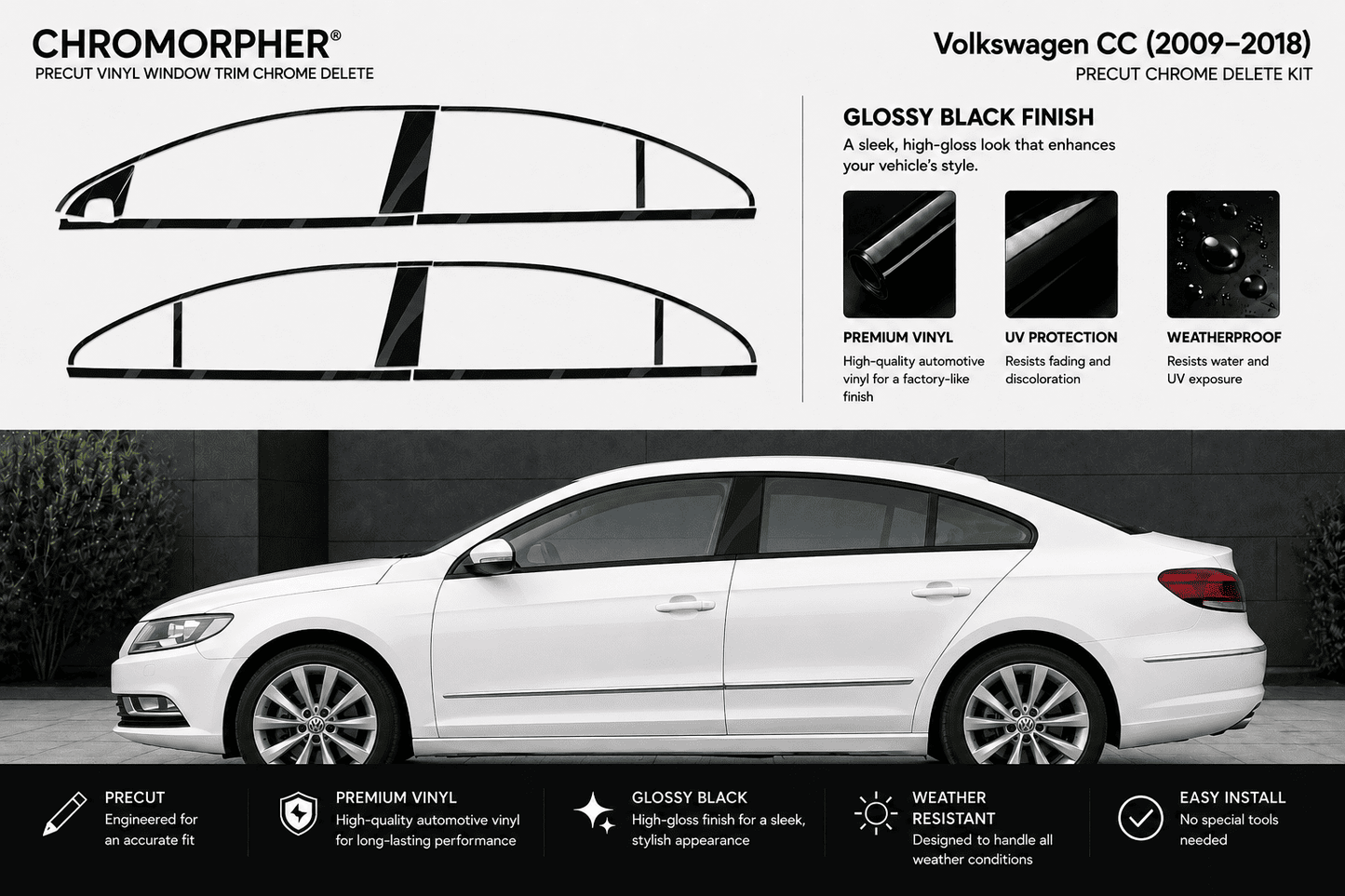 Chromorpher Volkswagen CC chrome delete kit kit for 2009-2018 models, featuring a white sedan with the chrome trim deleted, alongside product diagrams and feature callouts on a light gray background.