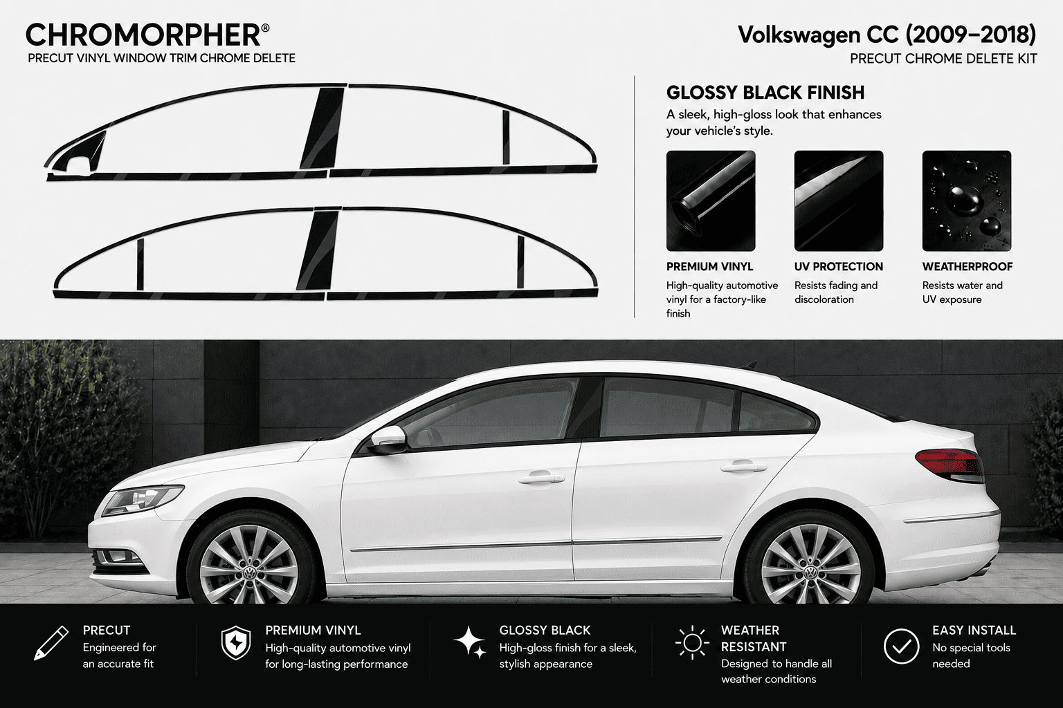 Chromorpher Volkswagen CC chrome delete kit kit for 2009-2018 models, featuring a white sedan with the chrome trim deleted, alongside product diagrams and feature callouts on a light gray background.