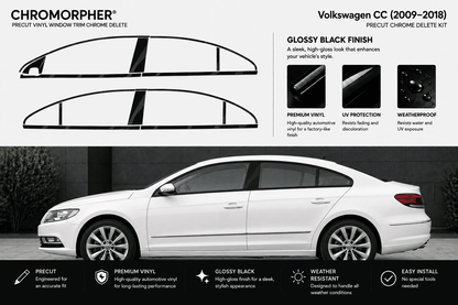 Chromorpher Volkswagen CC chrome delete kit kit for 2009-2018 models, featuring a white sedan with the chrome trim deleted, alongside product diagrams and feature callouts on a light gray background.