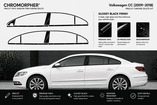 Chromorpher Volkswagen CC chrome delete kit kit for 2009-2018 models, featuring a white sedan with the chrome trim deleted, alongside product diagrams and feature callouts on a light gray background.