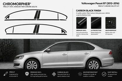 Chromoraphor precut vinyl window trim chrome delete kit for Volkswagen Passat B7 (2012-2016) in a carbon black finish. The graphic shows the product pieces at the top, feature icons and text, and a silver Volkswagen Passat sedan at the bottom illustrating the fitment.