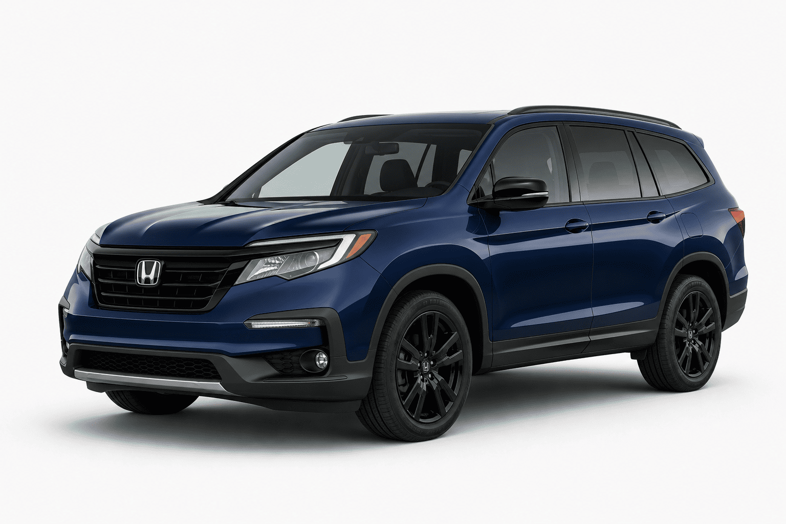 A dark blue Honda Pilot SUV with black wheels and trim, photographed from a three-quarter front angle on a light gray studio background.