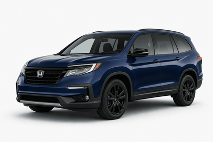 A dark blue Honda Pilot SUV with black wheels and trim, photographed from a three-quarter front angle on a light gray studio background.