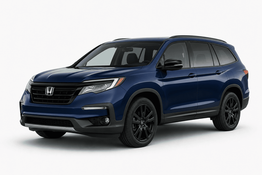 A dark blue Honda Pilot SUV with black wheels and trim, photographed from a three-quarter front angle on a light gray studio background.