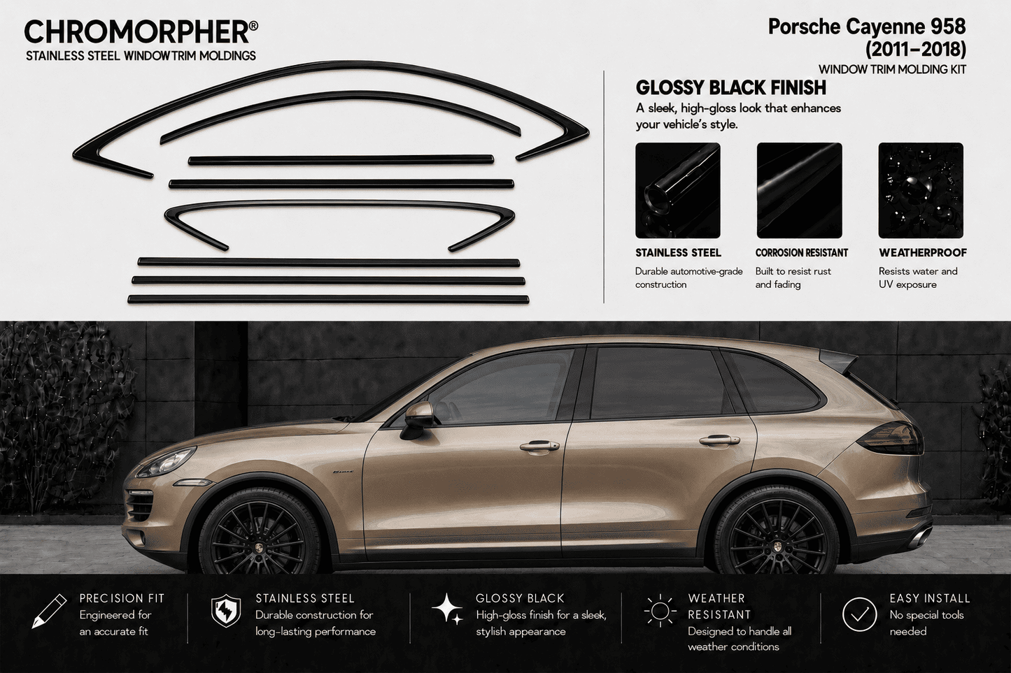 Chromorpher Porsche Cayenne 958 window trim molding kit in glossy black finish, featuring a side profile of a gold Porsche Cayenne with black window trim installed, product cutout diagrams, and feature icons on a dark background.