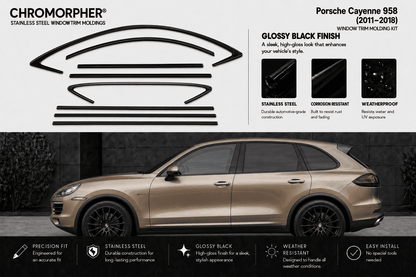 Chromorpher Porsche Cayenne 958 window trim molding kit in glossy black finish, featuring a side profile of a gold Porsche Cayenne with black window trim installed, product cutout diagrams, and feature icons on a dark background.