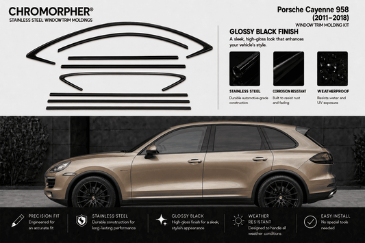 Chromorpher Porsche Cayenne 958 window trim molding kit in glossy black finish, featuring a side profile of a gold Porsche Cayenne with black window trim installed, product cutout diagrams, and feature icons on a dark background.