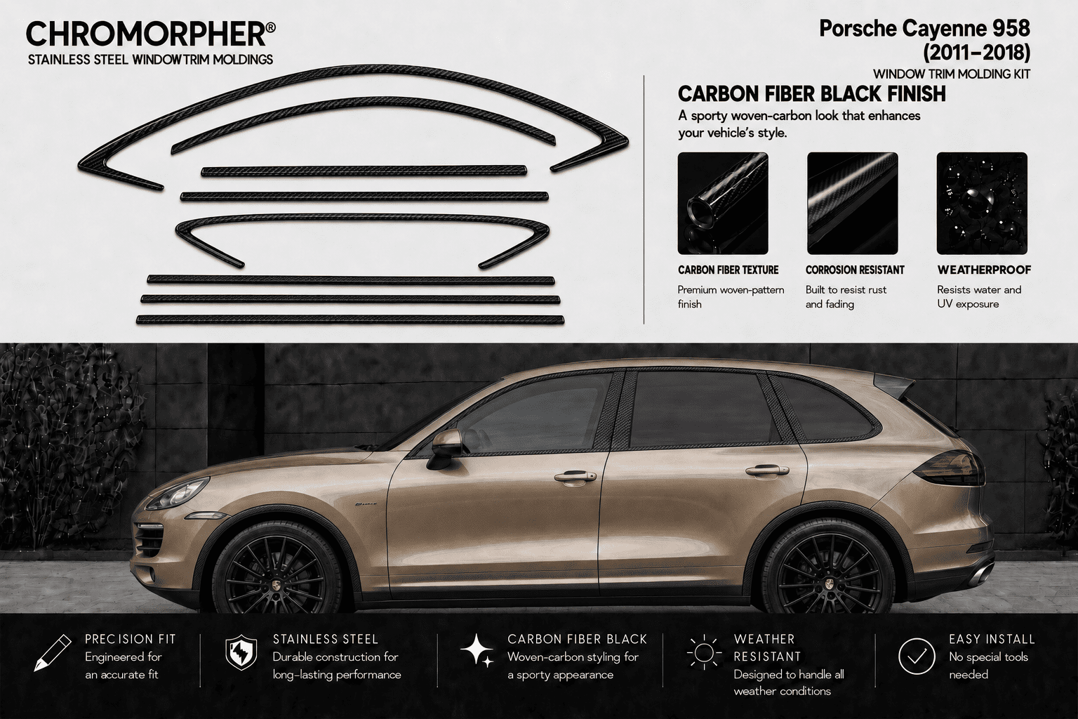 Chromorpher Porsche Cayenne 958 carbon fiber wheel trim kit in a black finish, shown with a side profile of a beige Porsche Cayenne SUV on a dark gray background.