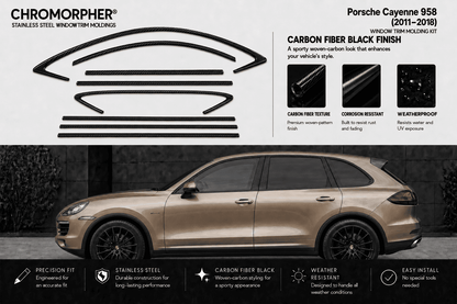 Chromorpher Porsche Cayenne 958 carbon fiber wheel trim kit in a black finish, shown with a side profile of a beige Porsche Cayenne SUV on a dark gray background.