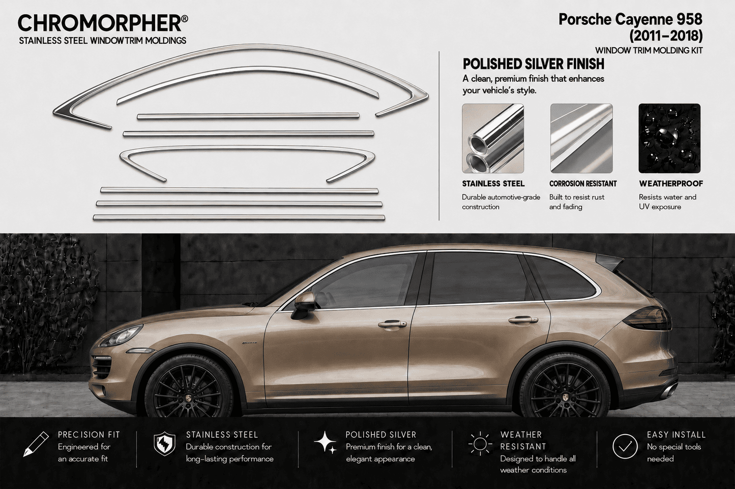 Chromorpher stainless steel window trim kit for Porsche Cayenne 958 (2011-2018), featuring a set of chrome-finished metal trim pieces shown on a white background above a side view of a metallic taupe Porsche Cayenne in a dark setting.