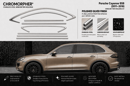 Chromorpher stainless steel window trim kit for Porsche Cayenne 958 (2011-2018), featuring a set of chrome-finished metal trim pieces shown on a white background above a side view of a metallic taupe Porsche Cayenne in a dark setting.