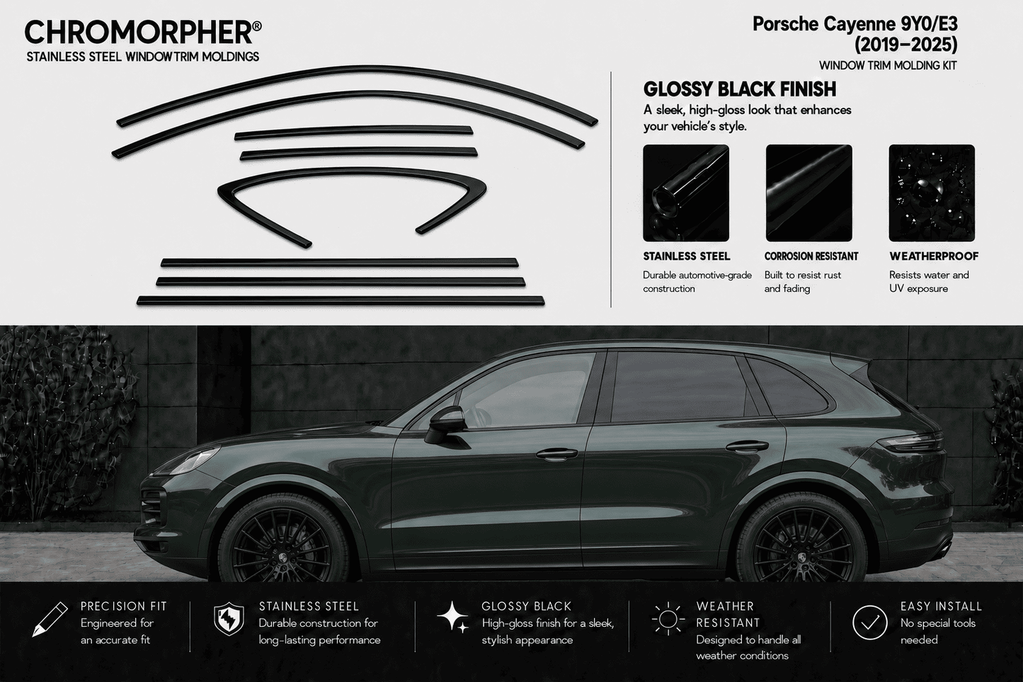 Chromorpher Porsche Cayenne 9Y0/E3 Window Trim Kit in glossy black finish, featuring product cutout diagrams, material details, and a side view of the dark gray Porsche Cayenne with installed black window trim.