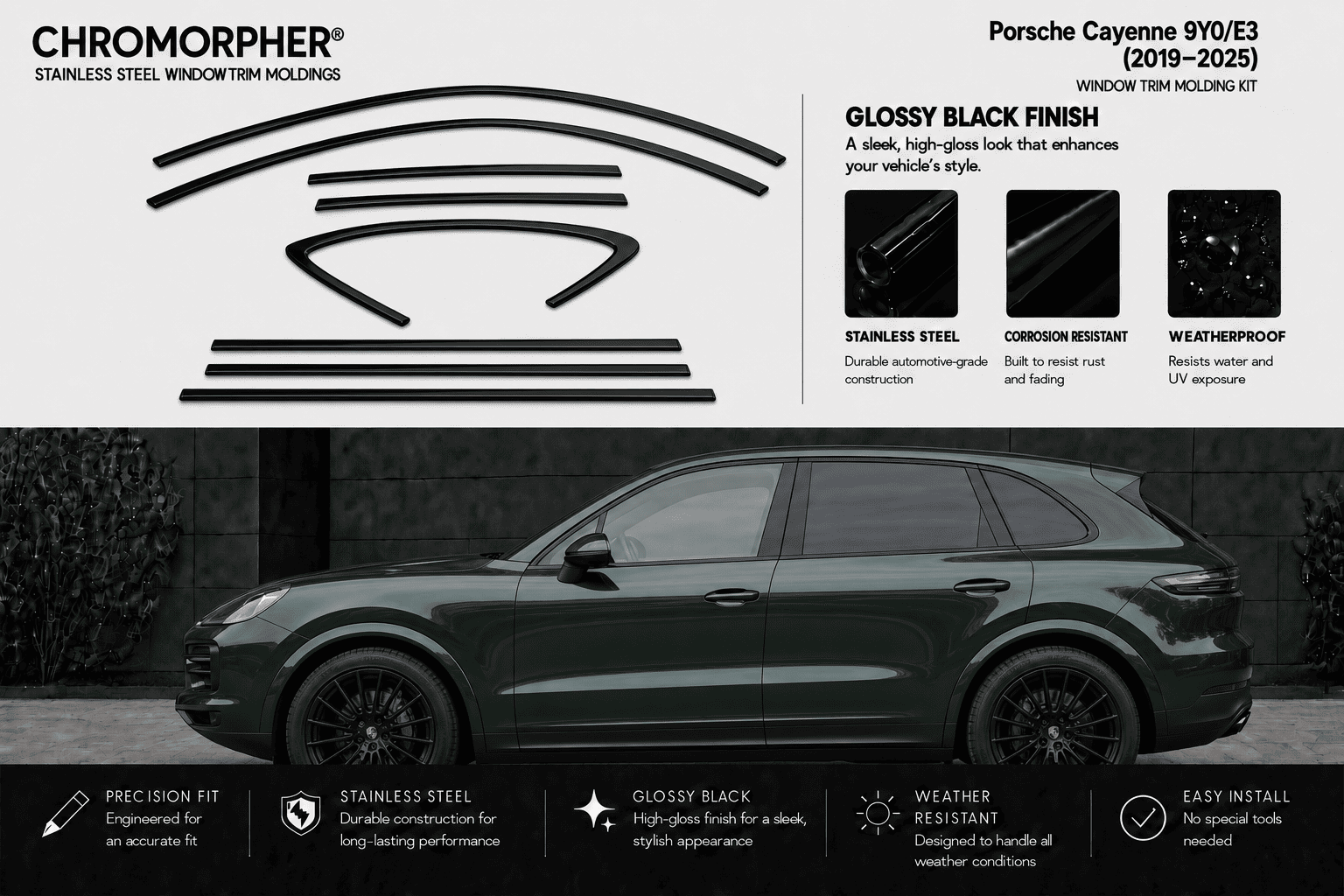 Chromorpher Porsche Cayenne 9Y0/E3 Window Trim Kit in glossy black finish, featuring product cutout diagrams, material details, and a side view of the dark gray Porsche Cayenne with installed black window trim.