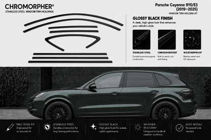 Chromorpher Porsche Cayenne 9Y0/E3 Window Trim Kit in glossy black finish, featuring product cutout diagrams, material details, and a side view of the dark gray Porsche Cayenne with installed black window trim.