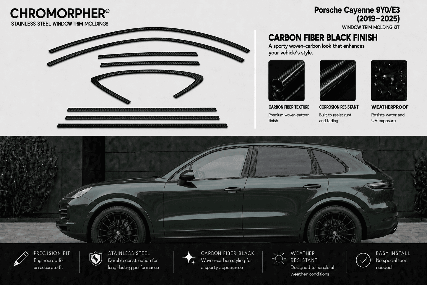 Porsche Cayenne 9Y0/E3 window trim molding kit in Carbon Fiber Black finish by Chromorphor, featuring a product diagram, material swatches, and a dark green Porsche Cayenne SUV demonstrating the installed look.