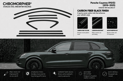 Porsche Cayenne 9Y0/E3 window trim molding kit in Carbon Fiber Black finish by Chromorphor, featuring a product diagram, material swatches, and a dark green Porsche Cayenne SUV demonstrating the installed look.