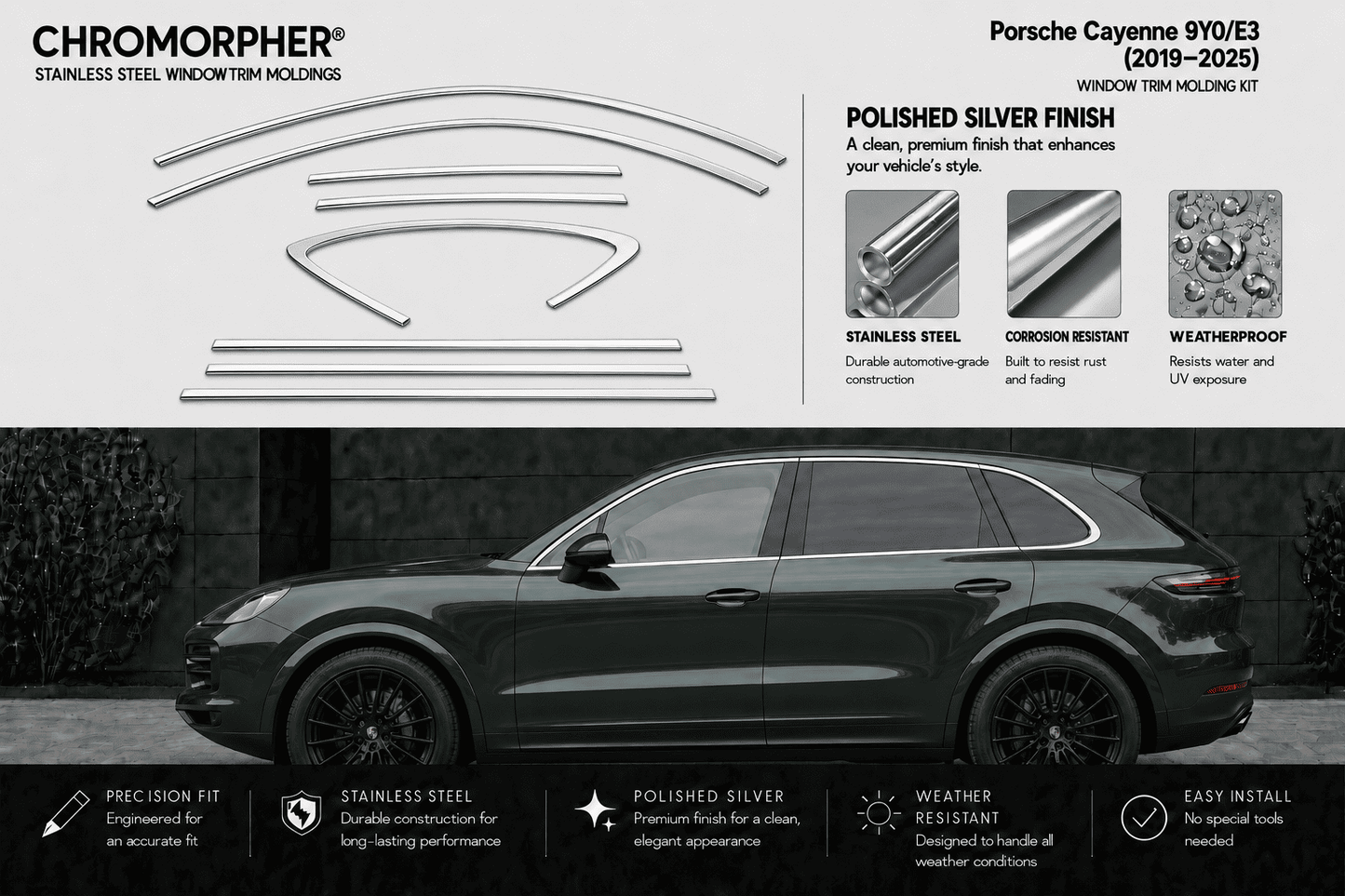 Chromorphor Porsche Cayenne 9Y/E3 window trim holding kit parts diagram and product features, with a dark gray Porsche Cayenne SUV shown in a black-and-white photo below to demonstrate fitment.
