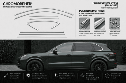 Chromorphor Porsche Cayenne 9Y/E3 window trim holding kit parts diagram and product features, with a dark gray Porsche Cayenne SUV shown in a black-and-white photo below to demonstrate fitment.