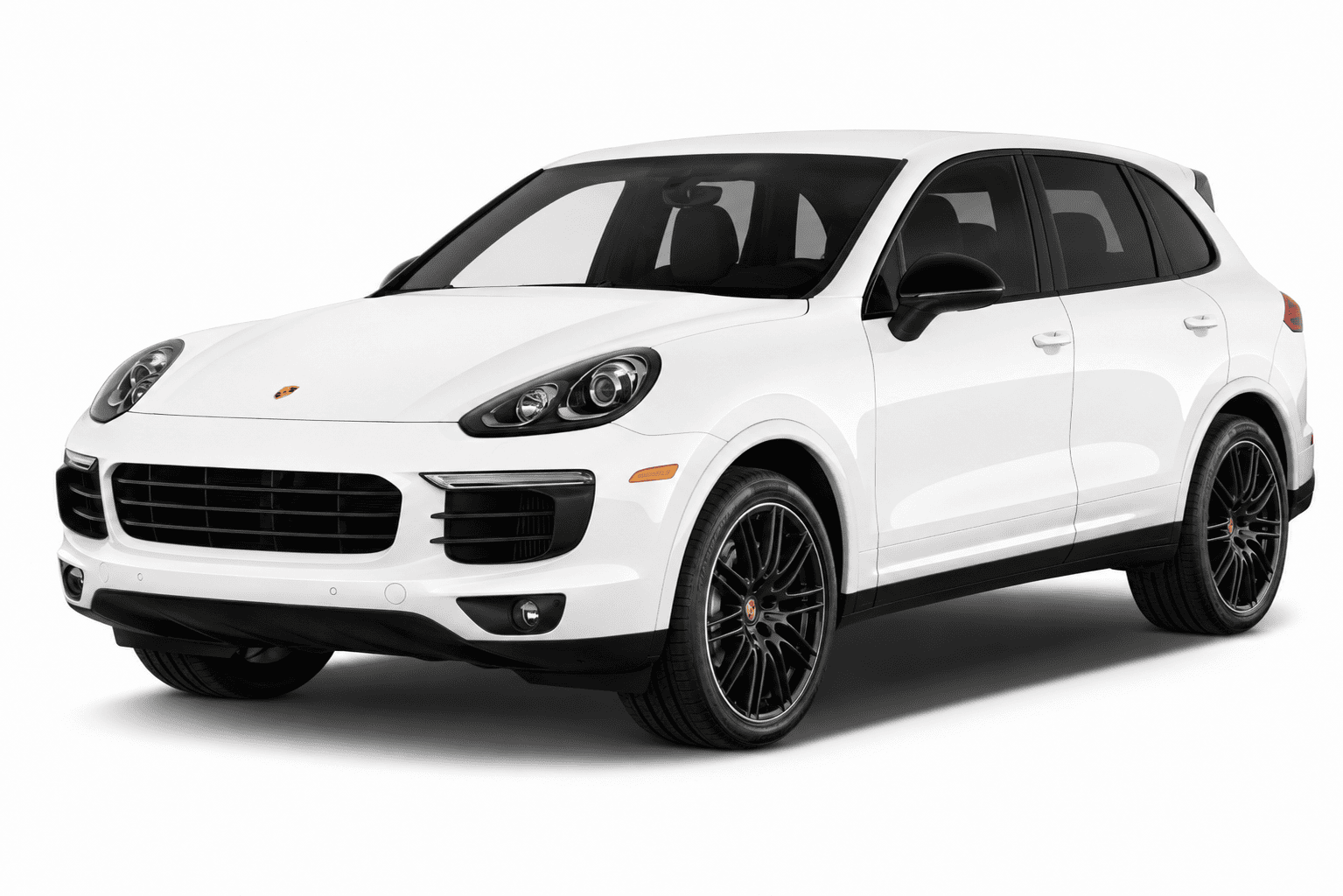 A white Porsche Cayenne SUV with black wheels and trim, photographed from a three-quarter front angle on a clean white background.