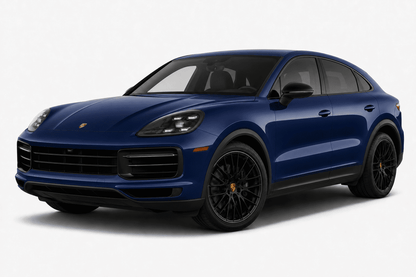 A dark blue Porsche Cayenne SUV with black multi-spoke wheels and a black front grille, photographed from a three-quarter angle against a light gray studio background.