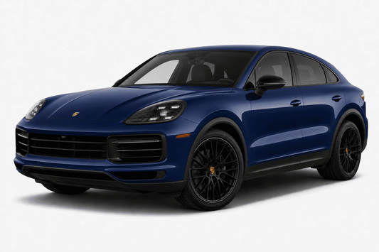 A dark blue Porsche Cayenne SUV with black multi-spoke wheels and a black front grille, photographed from a three-quarter angle against a light gray studio background.