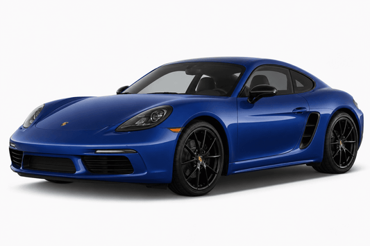 A blue Porsche 711 SRT 911 Carrera coupe with black multi-spoke wheels, shown from a three-quarter front angle on a light gray studio background.