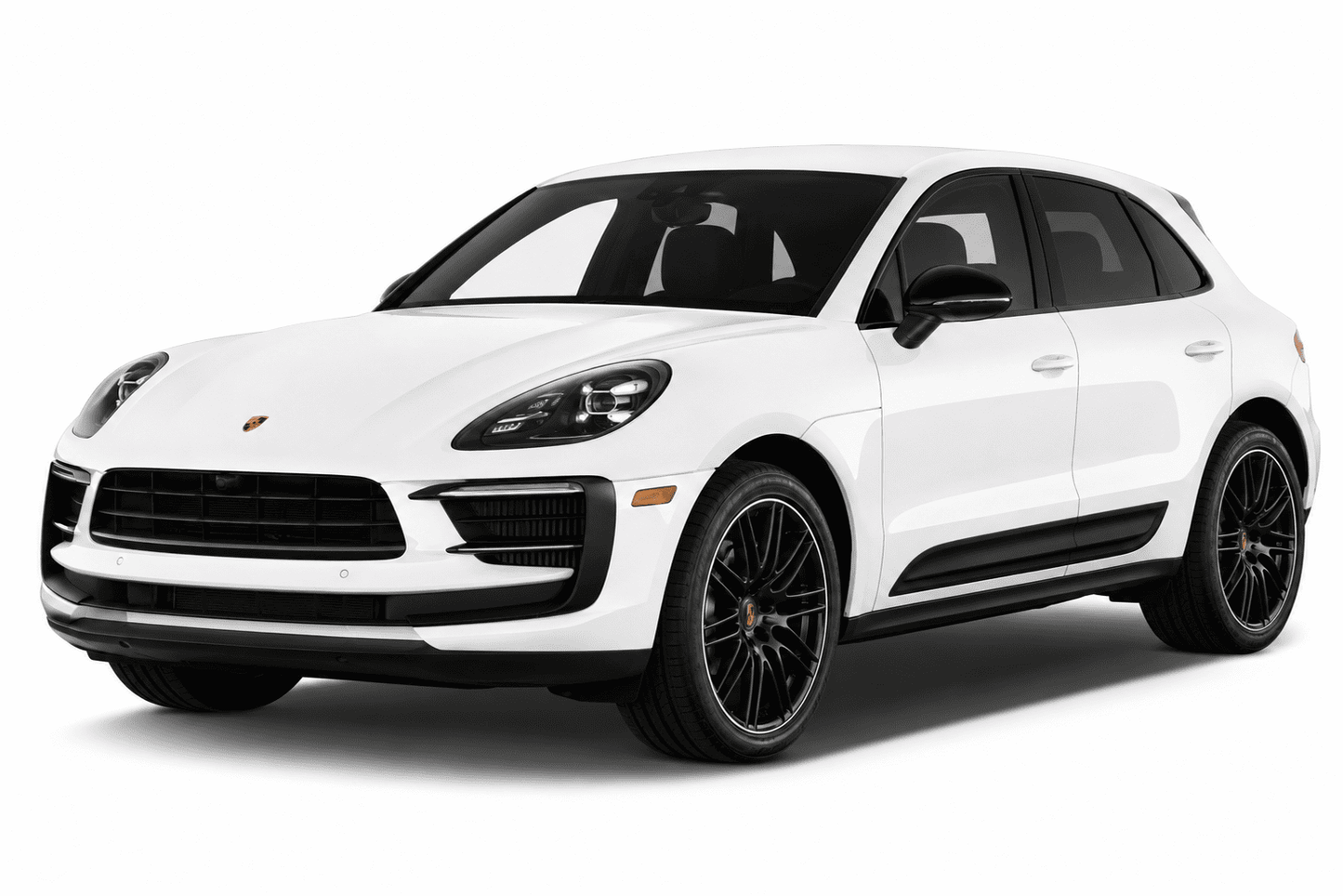 A white Porsche Macanese SUV with black accents, including the grille, side trim, mirrors, and wheels, shown from a three-quarter front angle on a white background.