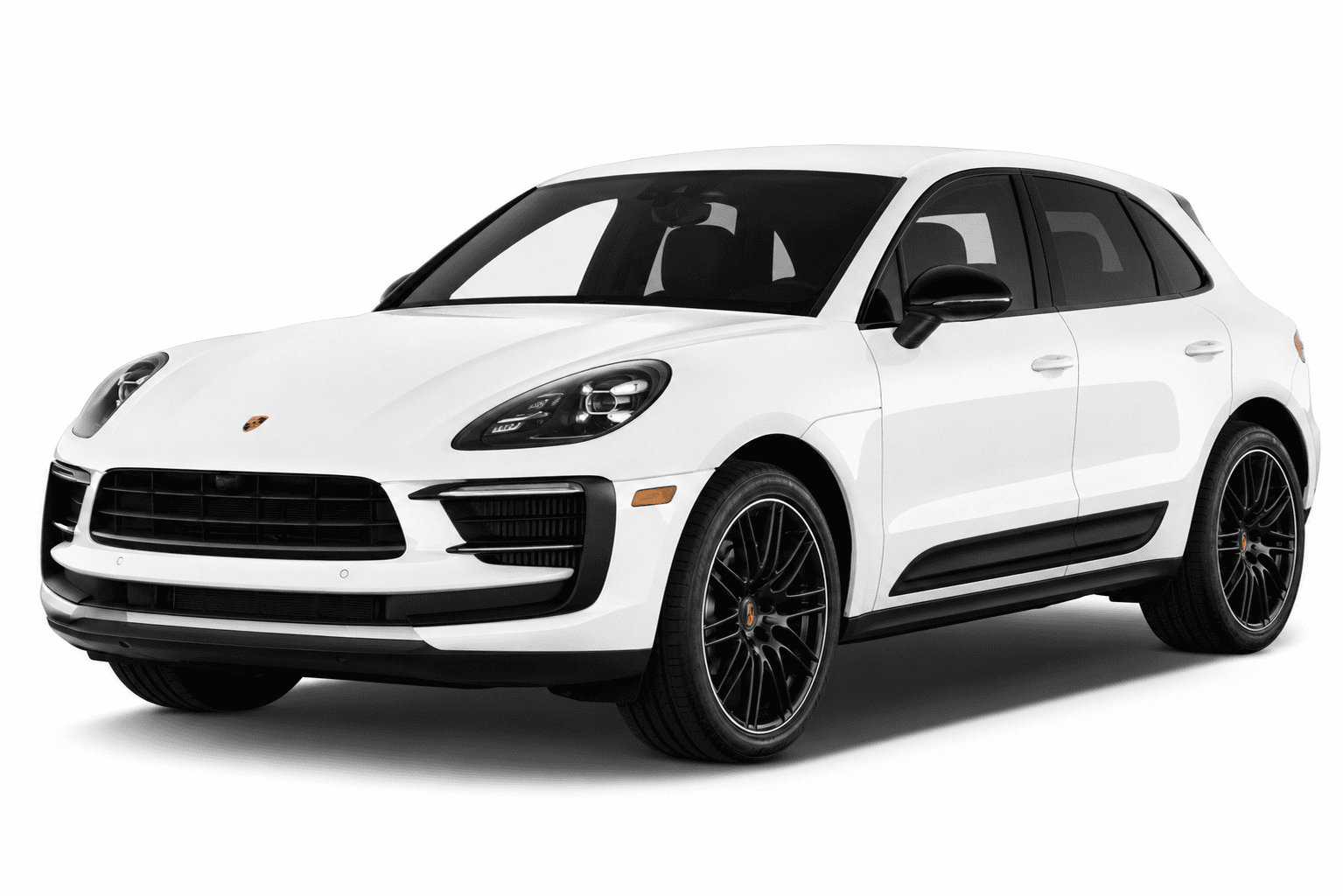 A white Porsche Macanese SUV with black accents, including the grille, side trim, mirrors, and wheels, shown from a three-quarter front angle on a white background.