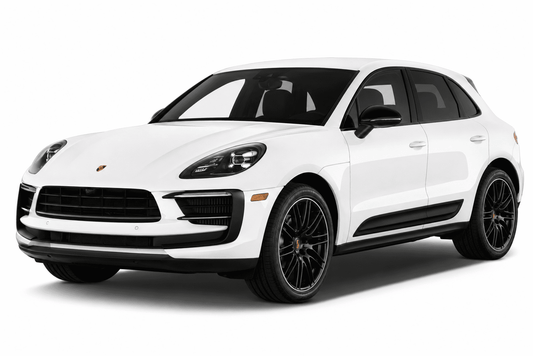 A white Porsche Macanese SUV with black accents, including the grille, side trim, mirrors, and wheels, shown from a three-quarter front angle on a white background.