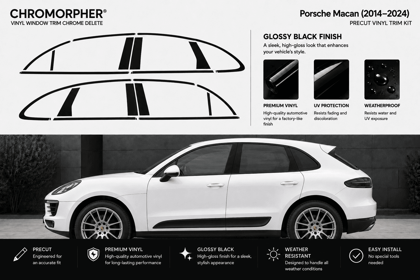 Chromorpher Porsche Macan vinyl window trim chrome delete kit shown with black trim outline graphics, feature callouts for glossy black finish, UV protection, and weatherproofing, plus a white Porsche Macan side view on a dark background.