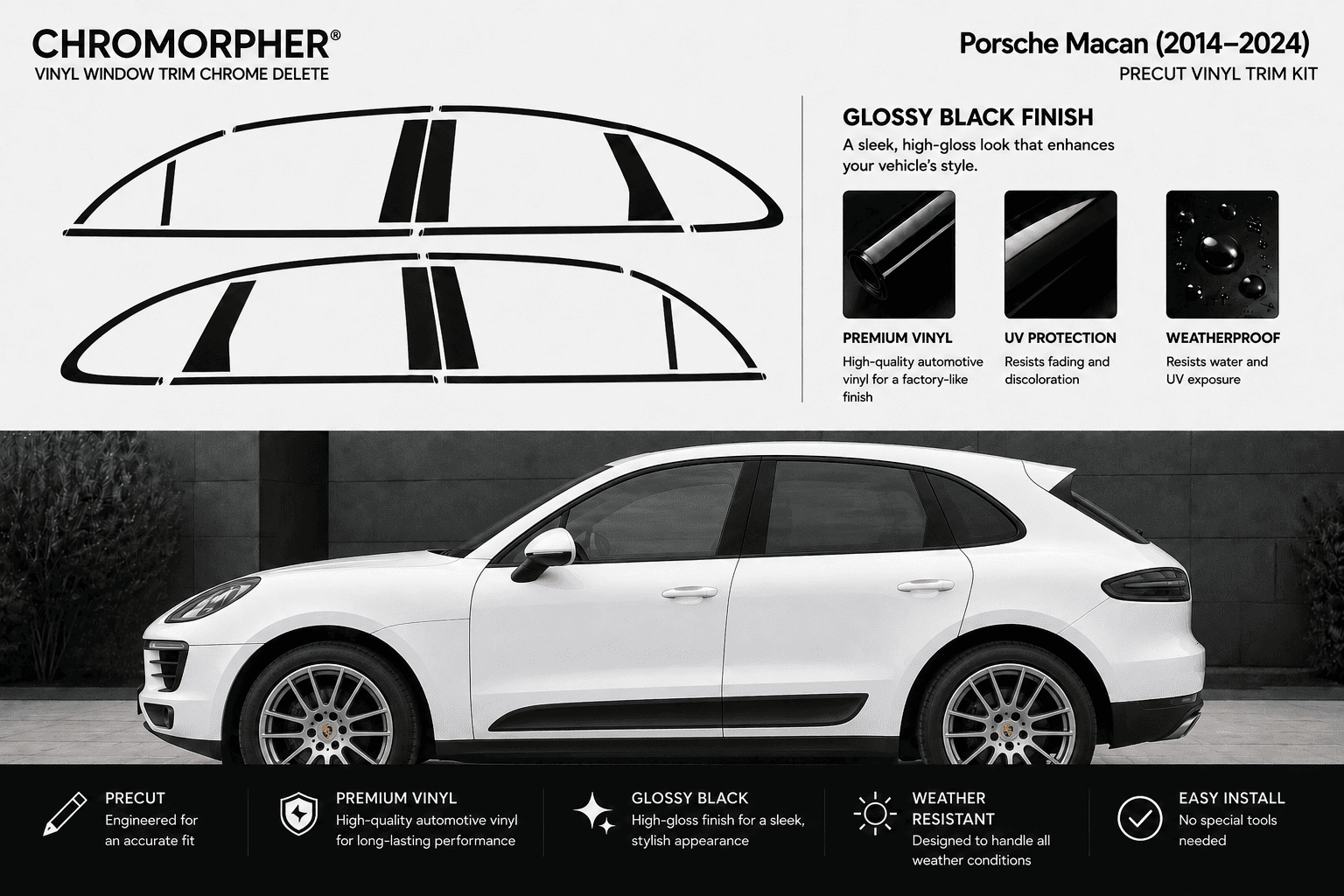 Chromorpher Porsche Macan vinyl window trim chrome delete kit shown with black trim outline graphics, feature callouts for glossy black finish, UV protection, and weatherproofing, plus a white Porsche Macan side view on a dark background.