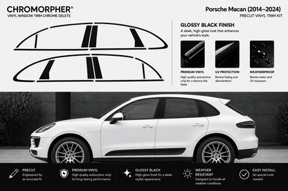 Chromorpher Porsche Macan vinyl window trim chrome delete kit shown with black trim outline graphics, feature callouts for glossy black finish, UV protection, and weatherproofing, plus a white Porsche Macan side view on a dark background.
