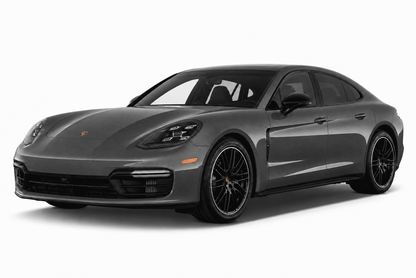 A dark gray Porsche Panamera sedan shown from a three-quarter front angle on a clean white background.