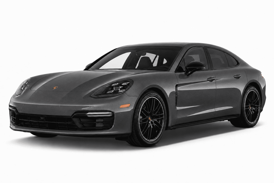 A dark gray Porsche Panamera sedan shown from a three-quarter front angle on a clean white background.