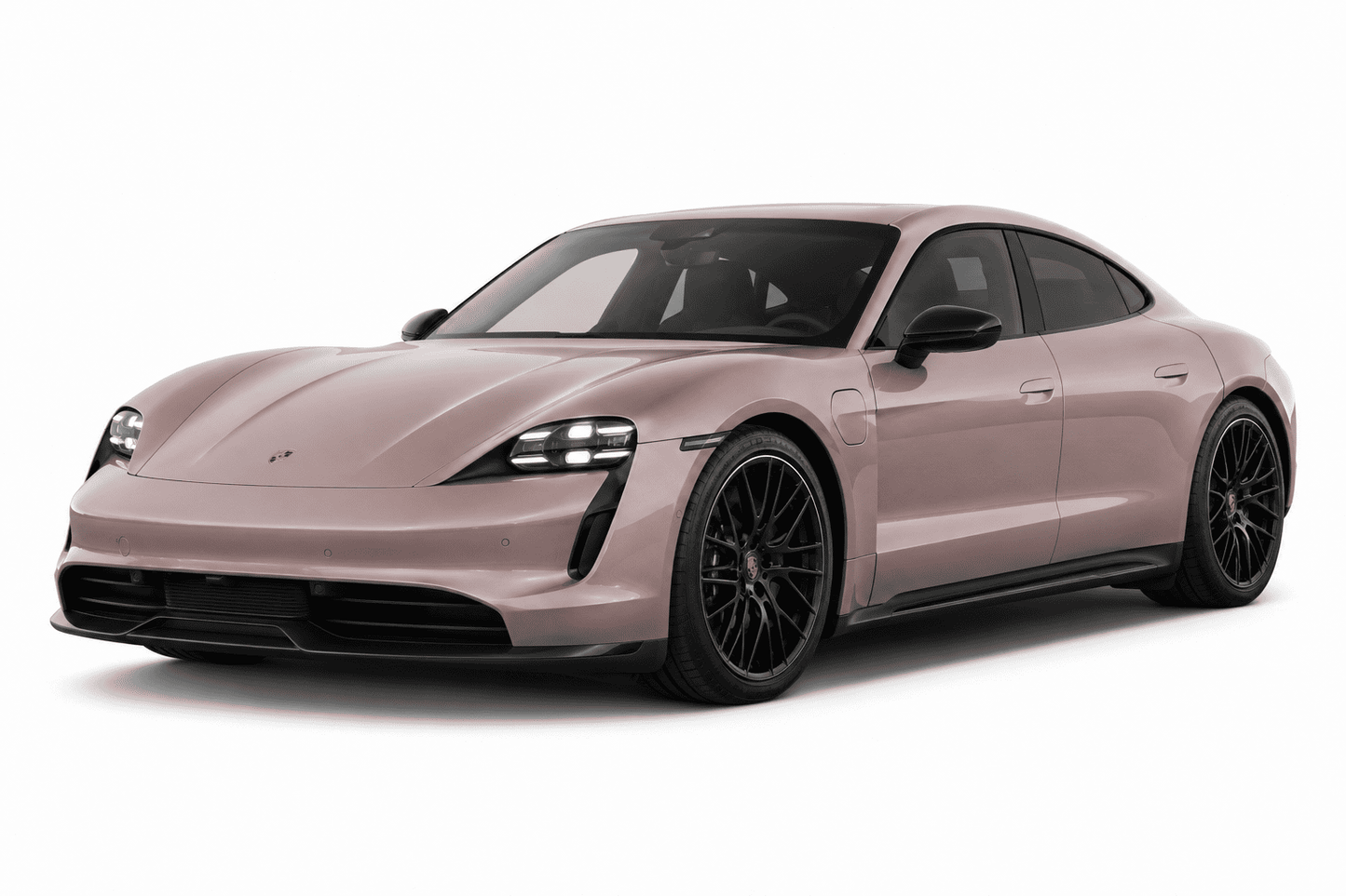 A light pink Porsche Taycan Turbo S coupe with black wheels, shown from a three-quarter front angle on a white background.