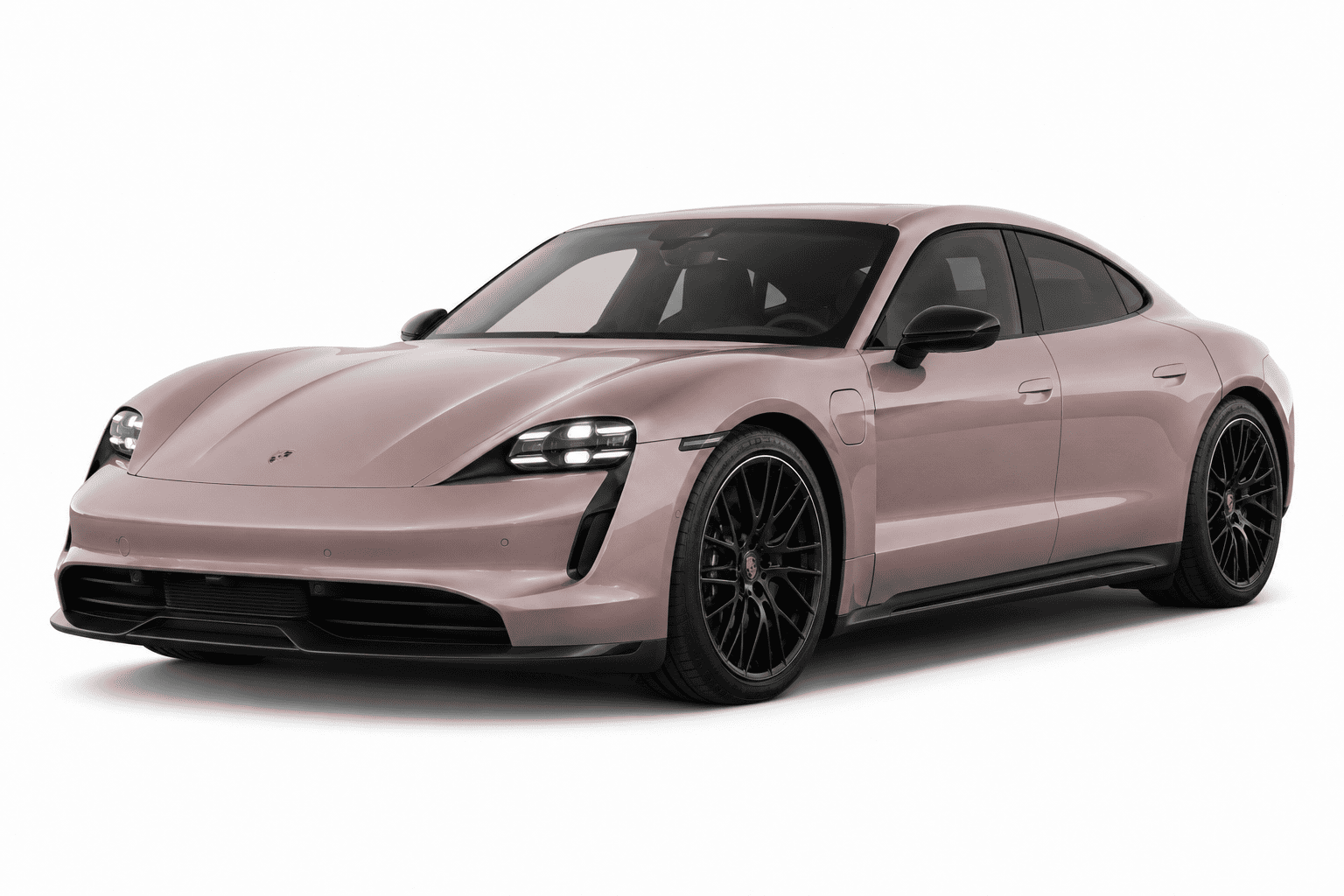 A light pink Porsche Taycan Turbo S coupe with black wheels, shown from a three-quarter front angle on a white background.