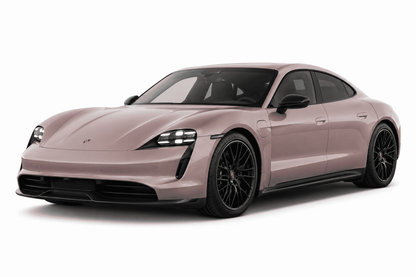 A light pink Porsche Taycan Turbo S coupe with black wheels, shown from a three-quarter front angle on a white background.