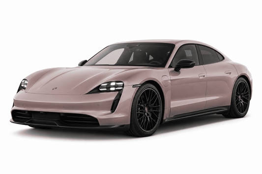 A light pink Porsche Taycan Turbo S coupe with black wheels, shown from a three-quarter front angle on a white background.