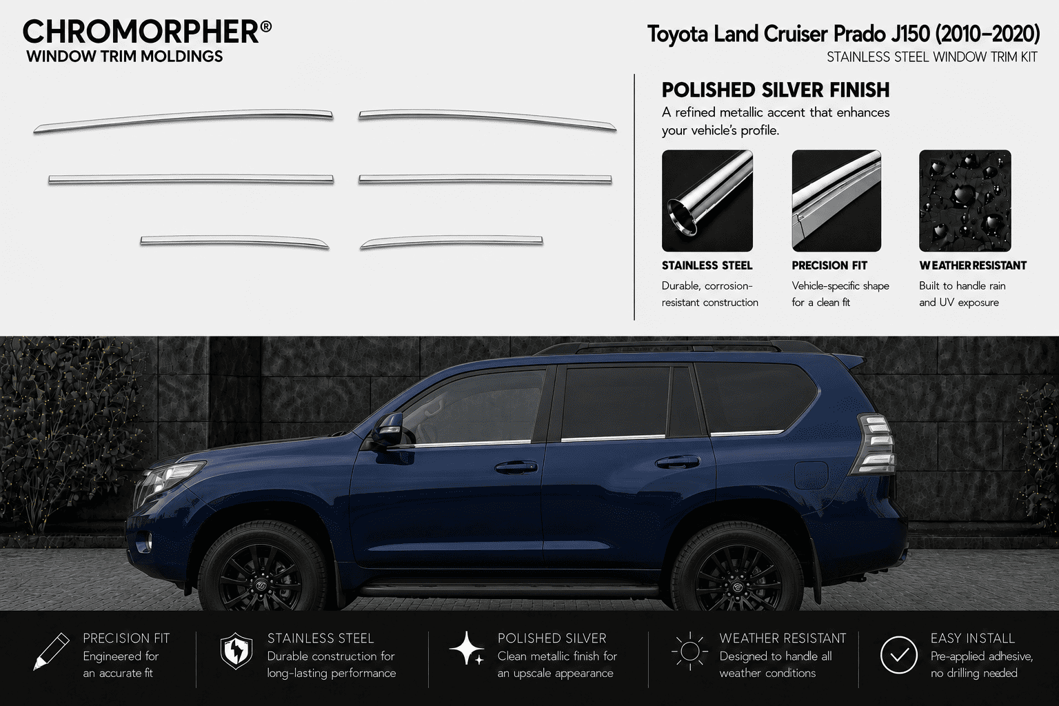 Chromorpher window trim molds kit for Toyota Land Cruiser Prado J50 (2010-2020) in polished silver finish. The image shows the trim pieces on the top left, product features on the top right, and a dark blue SUV on the bottom to demonstrate fitment.