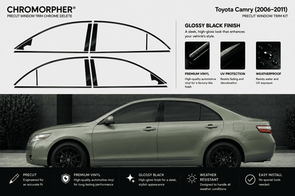 Chromorpher Precut Window Trim Chrome Delete kit for a Toyota Camry (2006-2011) in glossy black finish. The image features a side profile of a silver Toyota Camry with the black trim pieces outlined at the top, along with product specifications and feature highlights.