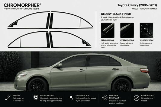 Chromorpher Precut Window Trim Chrome Delete kit for a Toyota Camry (2006-2011) in glossy black finish. The image features a side profile of a silver Toyota Camry with the black trim pieces outlined at the top, along with product specifications and feature highlights.