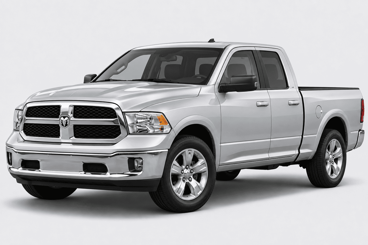 A silver Ram pickup truck shown from a three-quarter front angle on a light gray studio background.